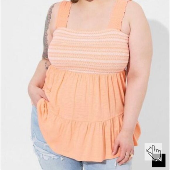 Cotton Modal Slub Square Neck Smocked Babydoll Tank - Picture 1 of 3